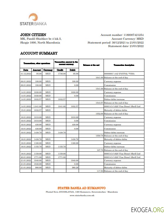 Modèle Excel et PDF de relevé bancaire de la Stater Banka de Macédoine du Nord